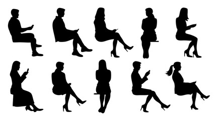 set of sitting people man woman silhouette vector on white background