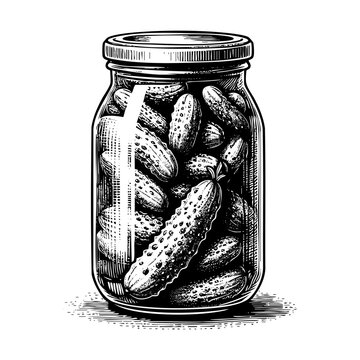 recommend clip art: Cucumber pickle in jar engraving black and white outline. Scratch board imitation.