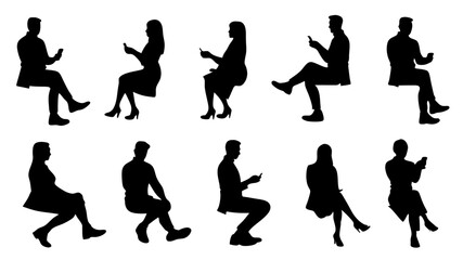 set of sitting people man woman silhouette vector on white background