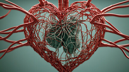 A stylized heart made of intertwined red wires with a central structure, symbolizing love and connection.