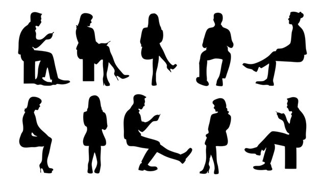 set of sitting people man woman silhouette vector on white background