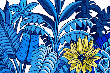 Toile tropical vintage botanical palm trees, banana tree, plants seamless border white background. Blue jungle mural isolated on White Background © Cartoon Maker 2