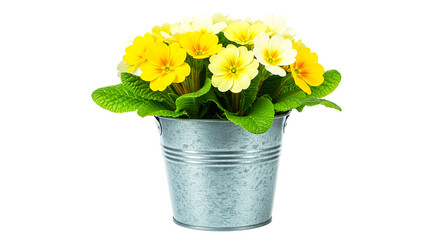 Yellow primroses in a metal bucket with green leaves against a black background in a studio setting