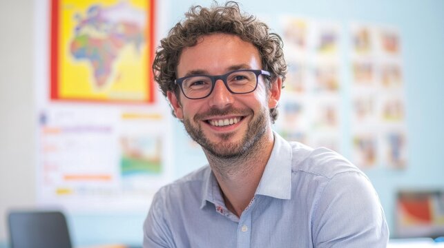 Smiling Male Teacher in Classroom with Educational Background and Colorful Map on Wall in Bright Learning Environment