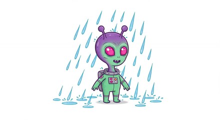 Cute alien in the rain illustration