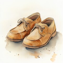Naklejka premium water color painting of brown vintage baby shoes, with a white background. 