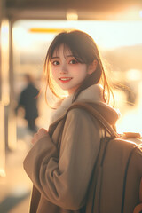 Anime girl smiling and traveling in airport terminal in sunny setting with backpack