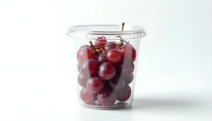 A plastic container filled with red grapes on a white surface.