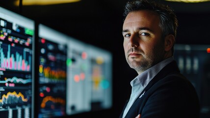 A focused F1 strategist stands confidently in front of multiple data screens, showcasing a serious expression while analyzing performance metrics and strategies.