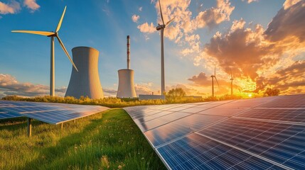 Combination of wind turbines, solar panels, and nuclear power plant, representing diverse energy sources and the balance between renewable and traditional energy technologies..