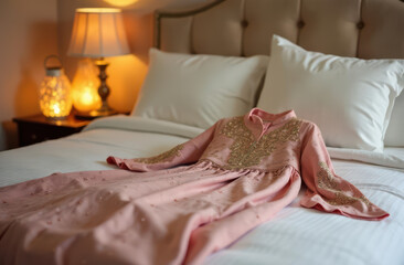 neatly arranged Eid outfits on a white bed, traditional muslim dress for woman, embroidered fabrics, decorative lanterns in the background, soft morning ligh