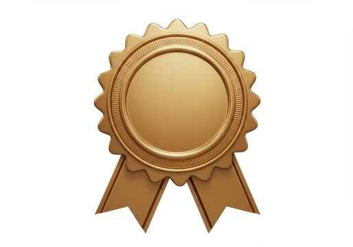 A shiny golden award medal with decorative edges and ribbons on a plain white background isolated object - Powered by Adobe