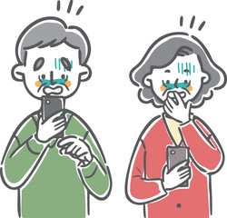 スマホを見て驚くシニア夫婦　上半身　ベクター