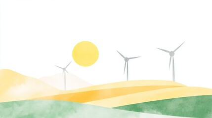 Obraz premium Gentle hills, wind turbines, and a bright sun depict a sustainable landscape.