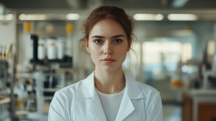 Naklejka premium Young female scientist in laboratory setting wearing white coat, looking directly at camera with confidence, research space in background showcasing equipment
