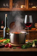 steaming pot of vegetables sits wooden table, accompanied by glass of red wine and fresh ingredients, creating warm atmosphere