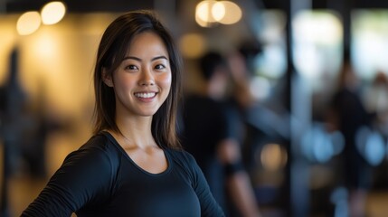 Young woman smiling confidently in gym environment, wearing black athletic top, with blurred fitness equipment and people in the background