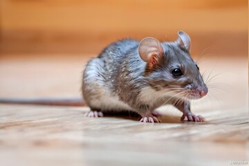 Close-up of a grey house rat playing on the floor with copy space