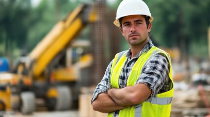 Fototapeta premium Professional construction worker with hard hat and safety vest stands confidently at a construction site, overseeing machinery and project progress