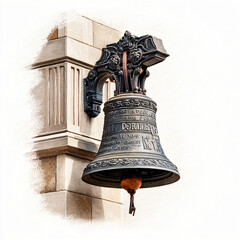 Obraz premium watercolor illustration of Call to prayer: Ornate cathedral bell with Latin inscriptions hung in stone tower