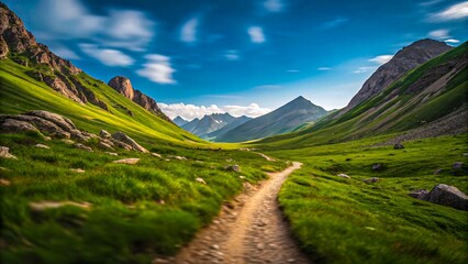 Naklejka premium Scenic mountain valley with winding dirt path green grass rocky peaks and blue sky in summer landscape 