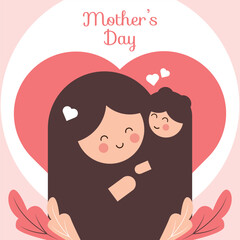 Minimalist Mother's Day Greeting Card with Heart and Tropical Leaf Illustrations, Warm Maroon and Coral Palette