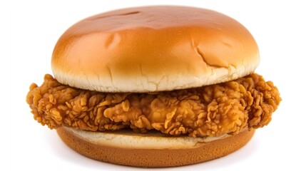 Crispy golden-brown breaded chicken sandwich on soft brioche bun sits ready for consumption
