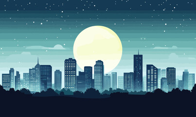 Fototapeta premium Minimalistic Full Moon Cityscape Illustration with Night Skyline