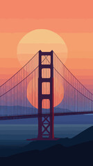Fototapeta premium Golden Gate Bridge Sunset Illustration in Minimalist Vector Art Style