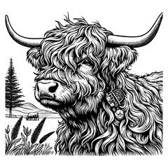 Highland cow sketch engraving black and white outline. Scratch board imitation.