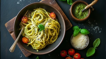 Delicious organic pasta with fresh basil and tomatoes served with pesto sauce on a wooden table