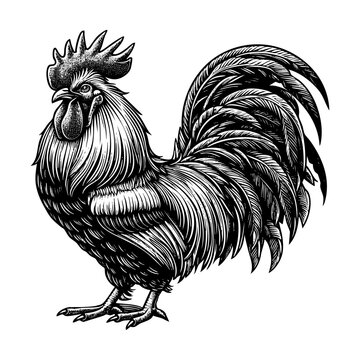 recommend clip art: Rooster sketch engraving black and white outline. Scratch board imitation.  illustrated in vintage line art style on a white background.