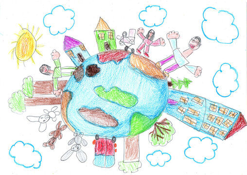 Child drawing of multicultural children holding hands around the world. Happy Children's Day. World peace. No war. Pencil art in childish style - Powered by Adobe