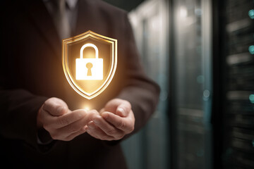 Glowing golden shield with padlock icon held in hands, symbolizing digital security and data protection, showcasing online safety and cyber security concept