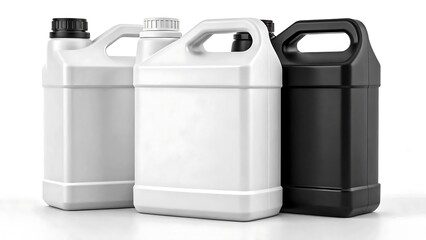 Obraz premium Plastic container mockup set with black and white jerry cans for liquid packaging on white background 