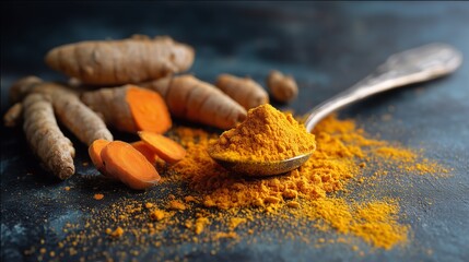 Exploring the vibrant colors and health benefits of fresh turmeric root and powder on a rustic surface