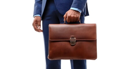 Close Up Hands of Businessman is Holding Brown Briefcase, Isolated on White Background : Suitable for Be Used in Content Related to Business Theme
