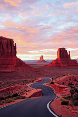 Winding Road Through Monument Valley at Sunrise