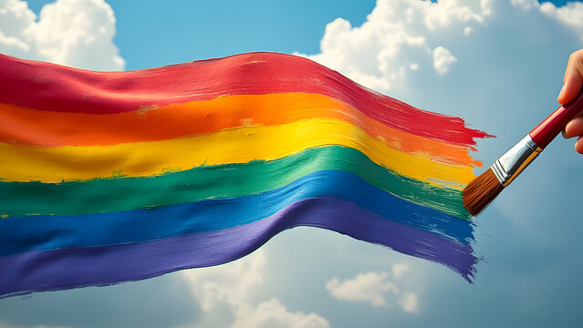 Vibrant colors of pride flag being painted with a brush against a clear blue sky backdrop