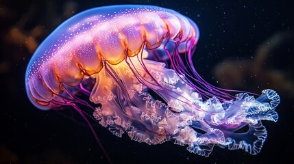 Fototapeta premium A glowing jellyfish floating in deep dark water with fluorescent purple and blue tentacles illuminating the surroundings