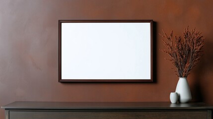 blank framed picture hung on rustic wall with stylish decoration