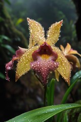 macro detail of hidden rainforest flowers with dewdrops