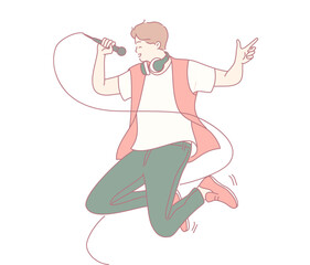 Fototapeta premium An illustrated singer is energetically performing on stage, using a microphone and wearing stylish headphones