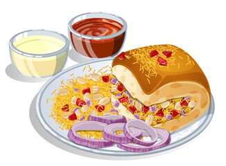 Authentic Kutchi Dabeli in Plate with Scattered Pomegranate, Peanuts, Onions and Sev Served with Tamarind and Spicy Garlic Chutneys. Traditional Indian Gujarati Sandwich Detailed Illustration