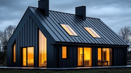 Fototapeta premium Modern dark-clad house with large windows, illuminated interior, and metal roof