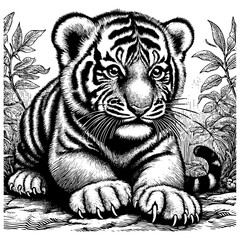 Tiger on jungle engraving black and white outline. Scratch board imitation.  illustrated in vintage line art style on a white background.