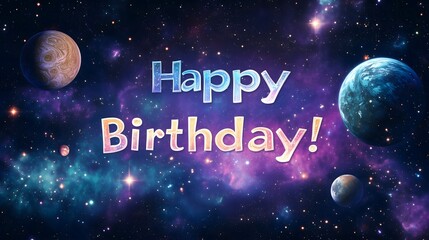 Outer space themed Happy Birthday text with colorful planets and stars on a vibrant galaxy background, copy space