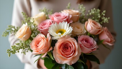 Obraz premium Elegant bouquet of roses and a daisy in gentle tones, held by a person in a cozy setting