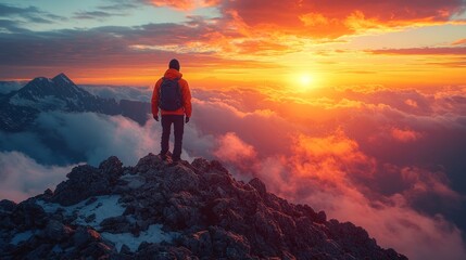 Fototapeta premium A person standing on top of a mountain at sunrise, symbolizing achievement and success