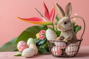 Charming Easter bunny nestled in a basket of colorful eggs.